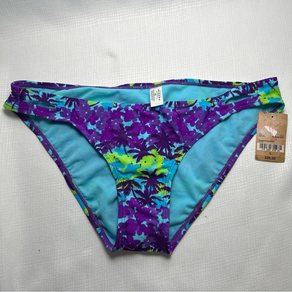 NWT Arizona Jean Co Bikini Bottom Women’s Large Blue Purple Floral Palm Tree
